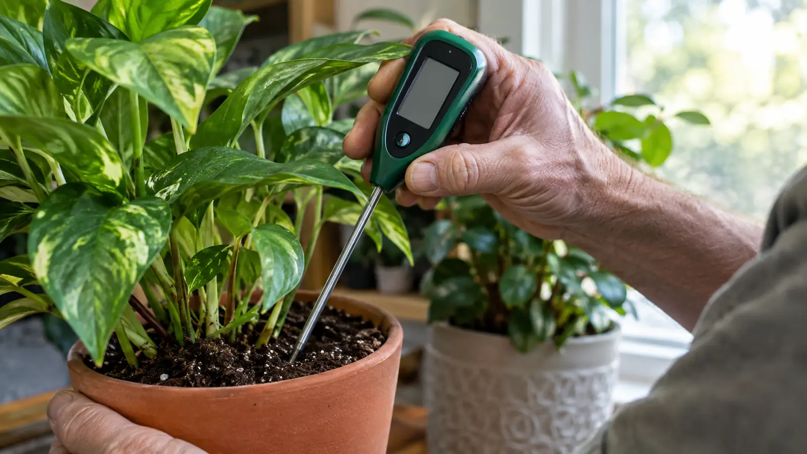 A hand pressing the long probe of a moisture meter into the soil at the edge of a potted houseplant
