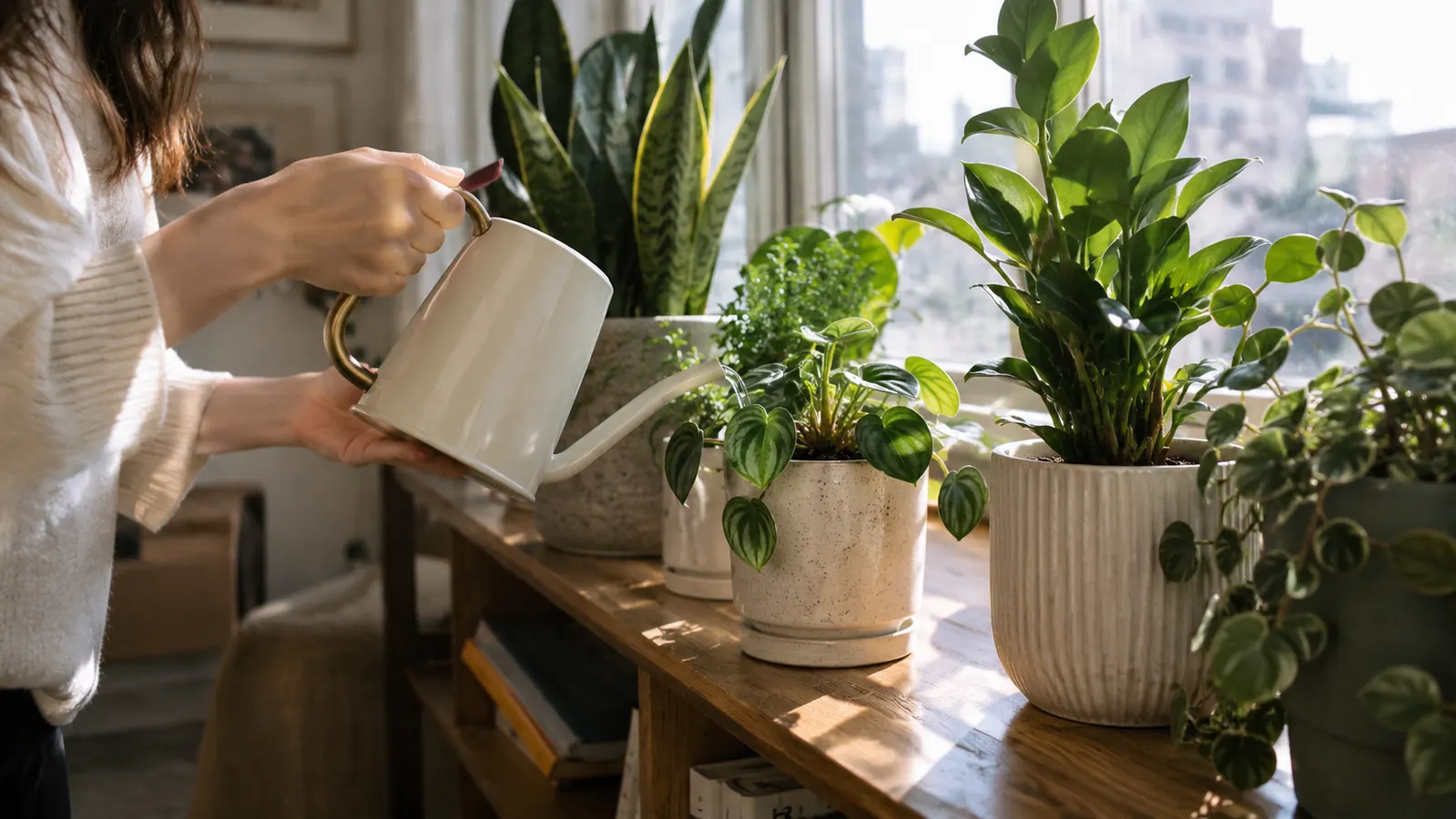 A woman's hands holding a small watering can over a row of potted houseplants on a shelf near a bright window
