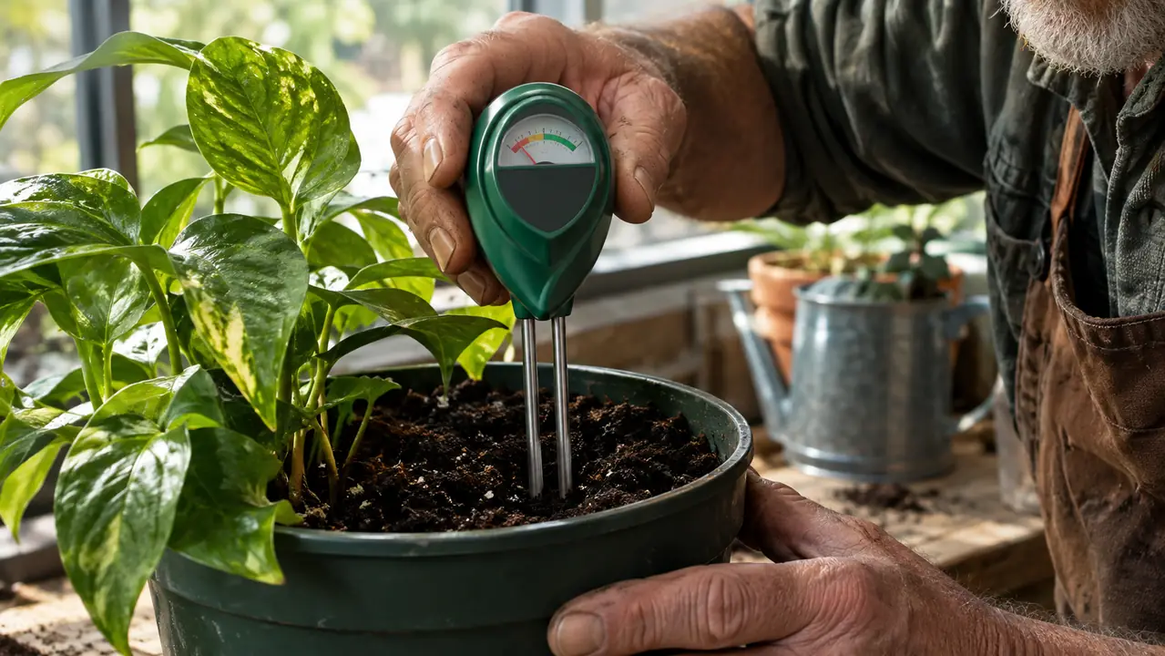 A hand pressing a moisture meter probe into the soil of a potted houseplant