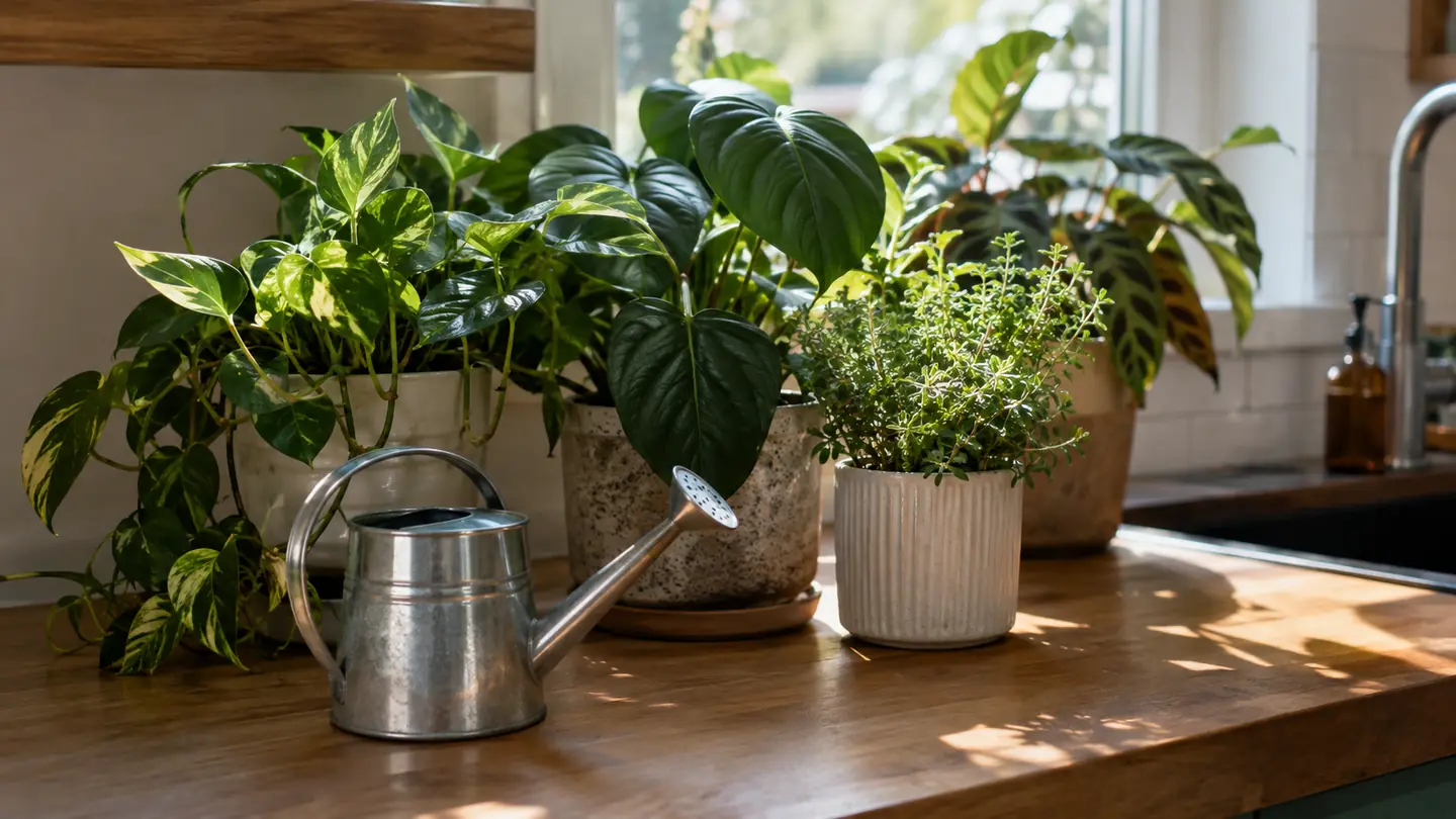 A watering can beside a group of potted houseplants on a kitchen counter