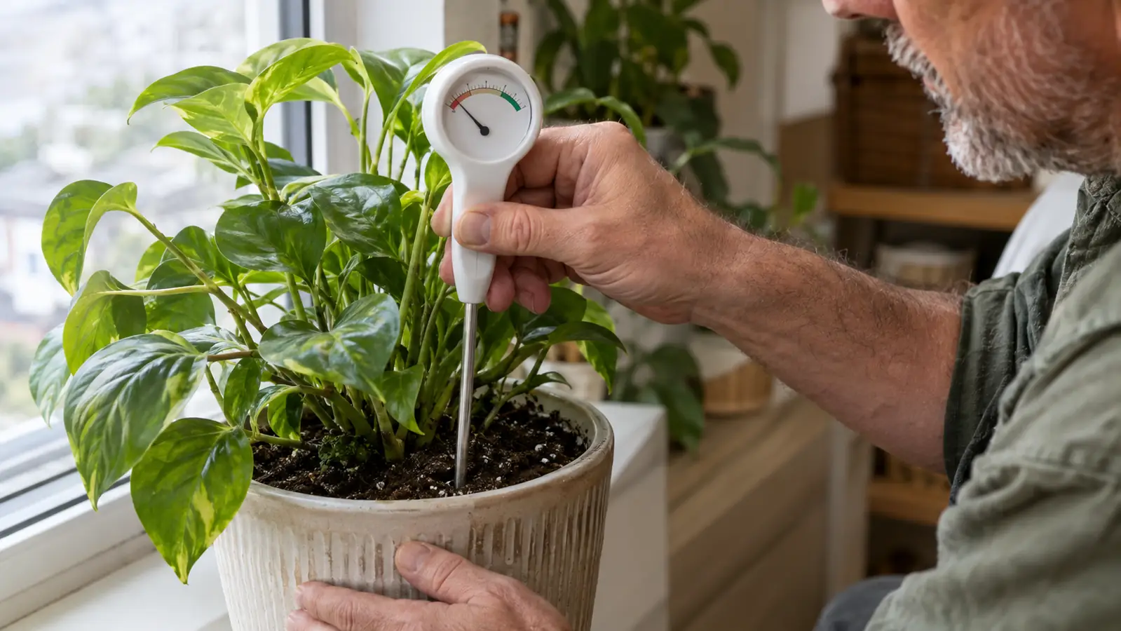A hand holding an analog soil moisture meter with a round dial gauge, its long metal probe pushed into the soil of a potted houseplant
