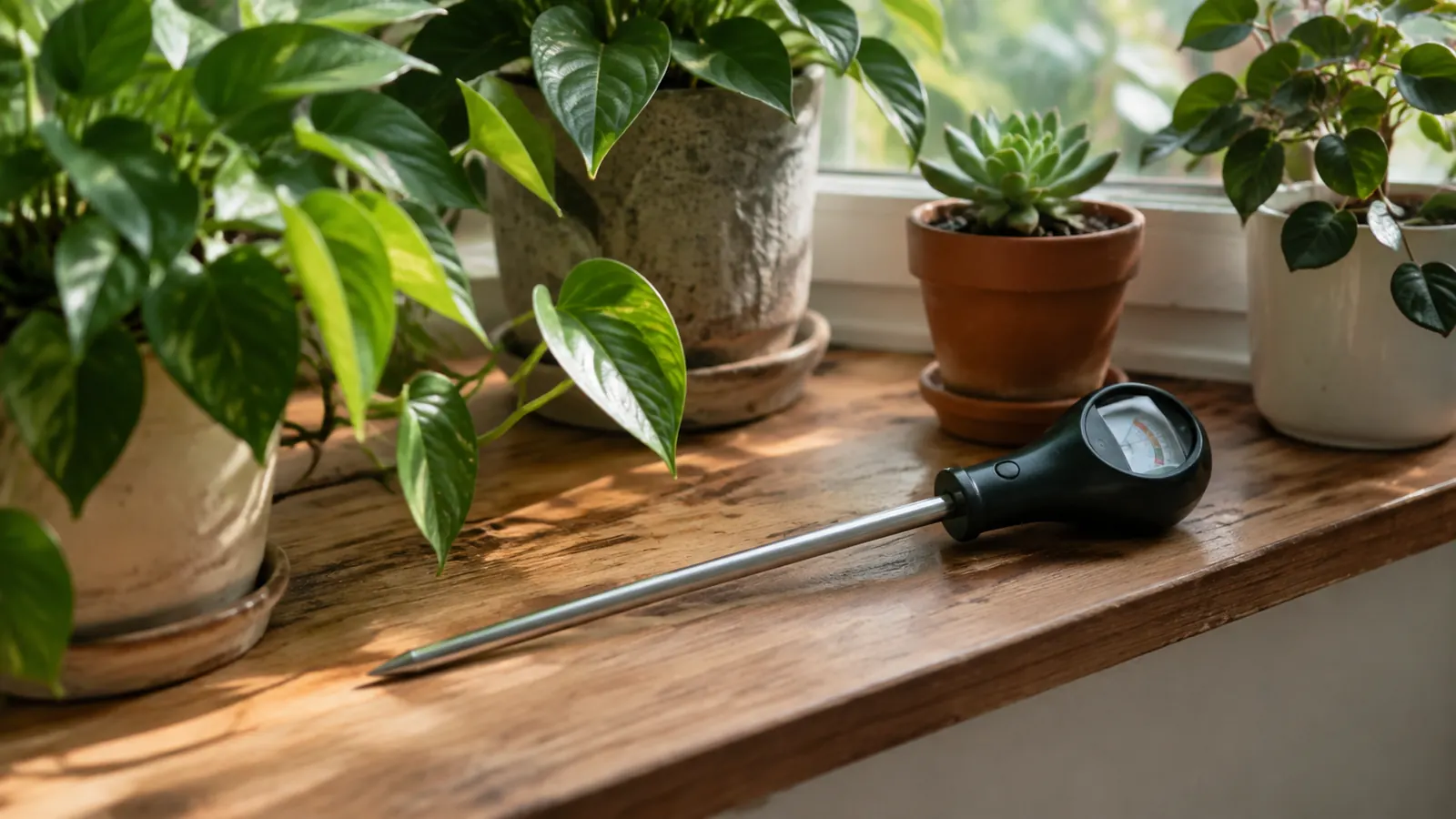 A long-probe soil moisture meter resting on a wooden windowsill among several potted houseplants in soft afternoon light