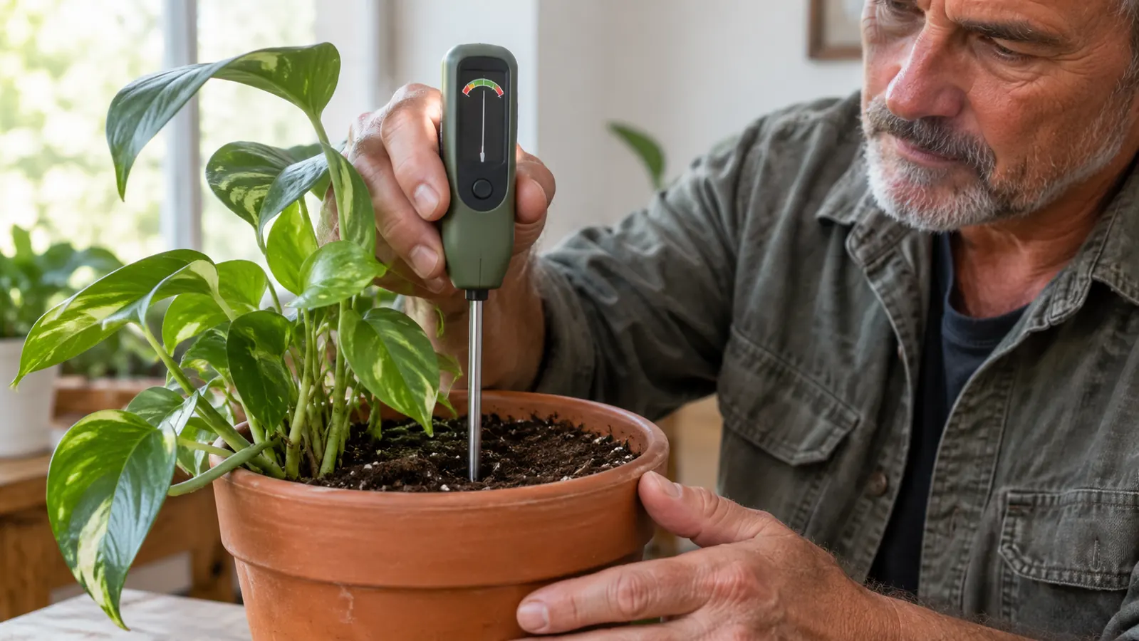 A hand holding a soil moisture meter with its probe pushed into the soil of a potted houseplant