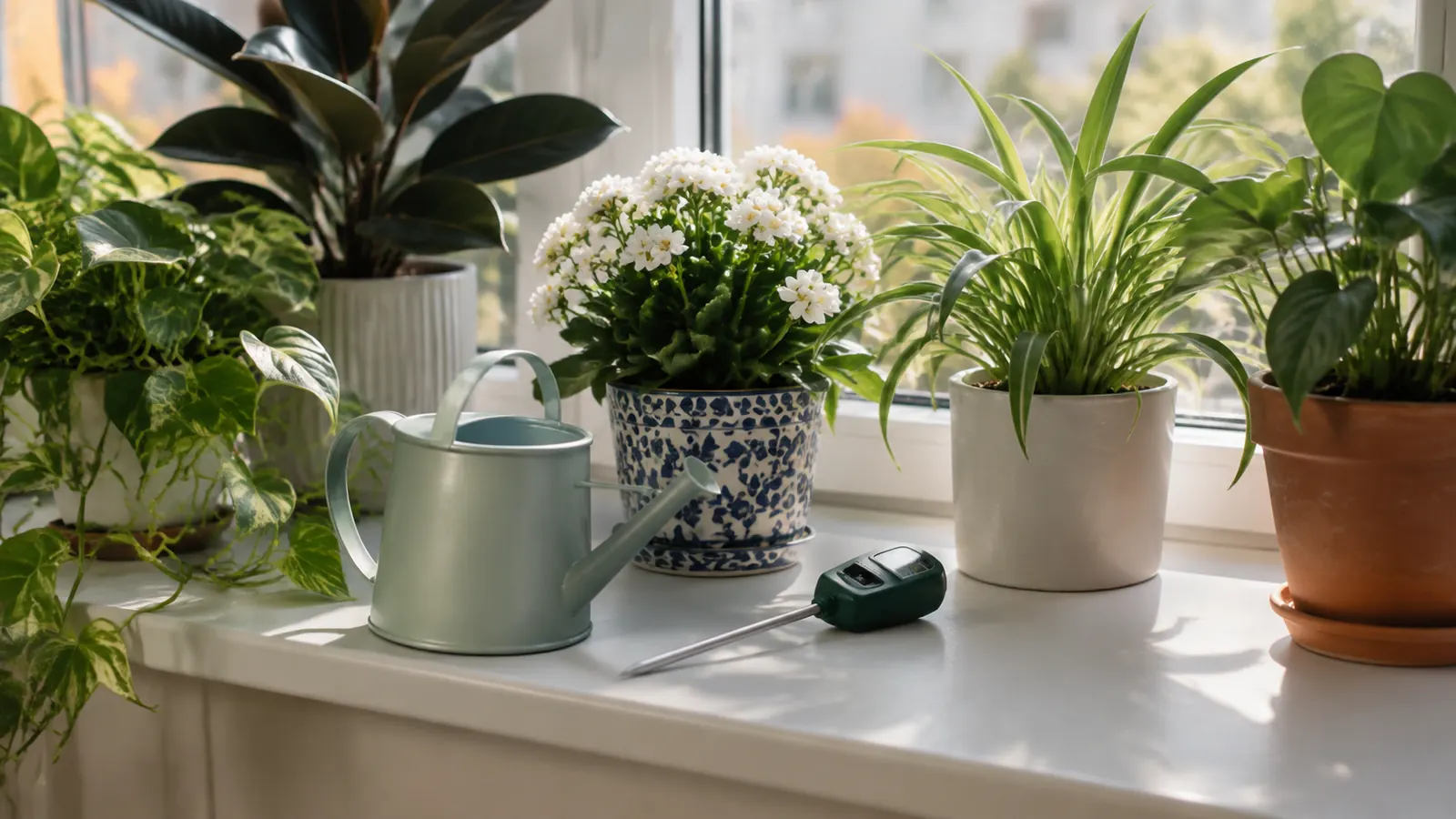 A watering can and a soil moisture meter resting on a windowsill lined with houseplants in soft morning light